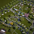 Illuminated Park Landscape With Multiple Tents Cottages Green Lawn Winding Paths And Trees