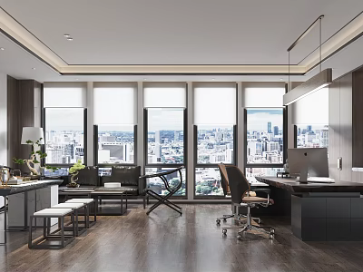Modern Office Interior With Large Windows City View Work Desk And Green Plants 3d model