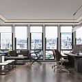 Modern Office Interior With Large Windows City View Work Desk And Green Plants