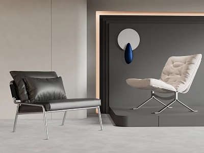 Modern Lounge Chairs With Leather And Fabric Seats And Metal Frames In Minimalist Interior 3d model