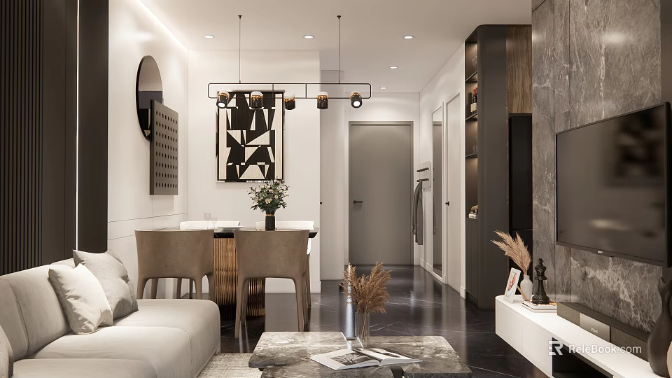 Modern Living Dining Room Interior Design With Sofa Dining Table Pendant Lights And Decorative Art 3d model 