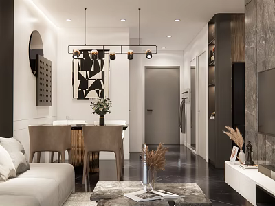 Modern Living Dining Room Interior Design With Sofa Dining Table Pendant Lights And Decorative Art 3d model