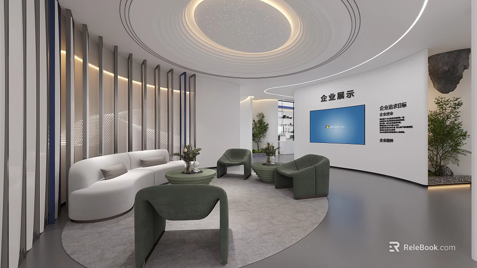 Modern Corporate Leisure Area With White Sofa Green Chairs Circular Carpet And Development 3d model 