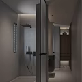 Modern Bathroom Interior With Round Mirror Wooden Wall And Vanity Light Strip