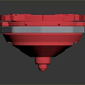 Red Spinning Weapon Toy Top With Central Cartoon Design And Green Decorative Accents