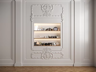 Ornate White Carved Decorative Cabinet In Interior Wall With Displayed Items 3d model