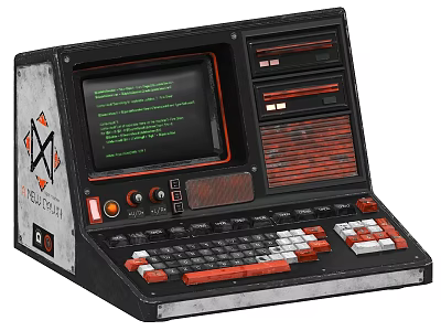 Retro Vintage Computer With Green Text Screen And Red White Keyboard Keys 3d model