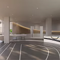 Modern Café Interior With White Columns Circular Floor Design White Bar Counter And Bicycle Mural
