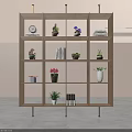 Modern Decorative Wooden Room Divider With Shelves Potted Plants And Books