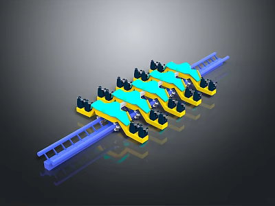 Mechanical Assembly With Blue Rails Yellow Bases And Black Components 3d model