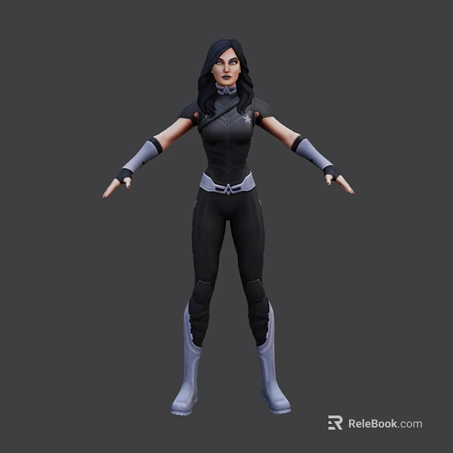 Game and Movie Female Character in Black Bodysuit With Gray Gloves Boots and Outstretched Arms 3d model 