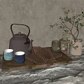 Elegant Tea Set with Brown Teapot Blue Cups and Checkered Cloth on Wooden Tray