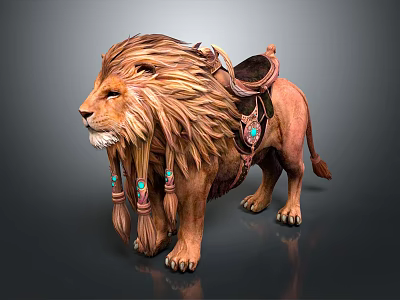 Fantasy Lion Mount With Decorative Saddle Golden Mane And Tassel Details 3d model