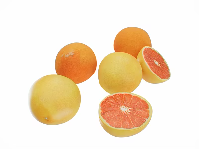 Fresh Whole And Sliced Grapefruit In Yellow And Orange Colors On White Background 3d model