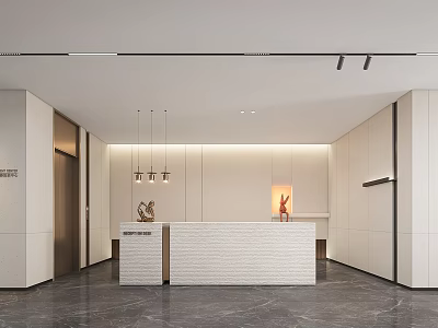Modern Reception Area Featuring White Marble Desk Hanging Pendant Lights And Beige Wall 3d model