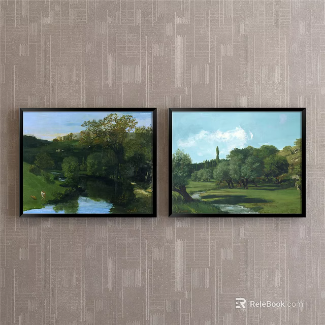 Vintage Landscape Paintings Hanging On Wall With River Trees Grassland And Distant Tower 3d model 