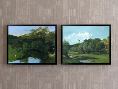 Vintage Landscape Paintings Hanging On Wall With River Trees Grassland And Distant Tower 3d model