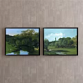 Vintage Landscape Paintings Hanging On Wall With River Trees Grassland And Distant Tower