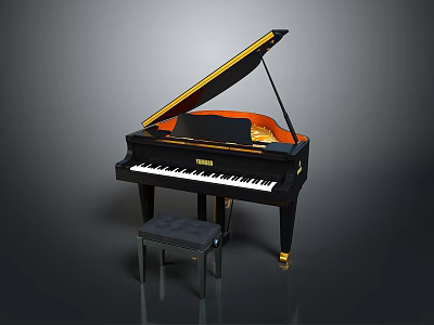 Black Grand Piano With Gold Accents And Wooden Stool Musical Instrument 3d model