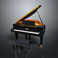 Black Grand Piano With Gold Accents And Wooden Stool Musical Instrument