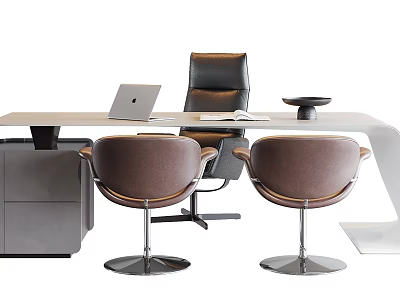 Modern Office Desk with Laptop Papers Brown Chairs Black Office Chair and Gray Cabinet 3d model