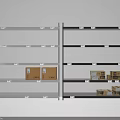 Gray and Black Multi Tier Display Shelving Units with Cardboard Boxes 3d model