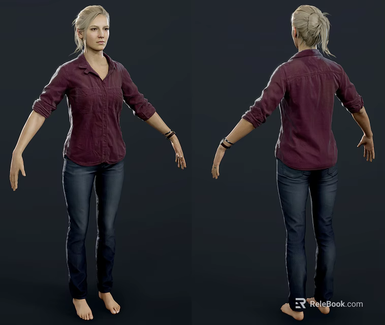 Woman In Burgundy Shirt And Blue Jeans Front And Back View 3d model 