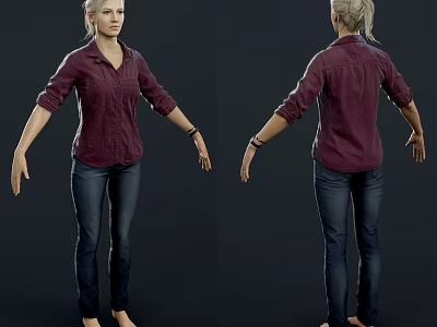 Woman In Burgundy Shirt And Blue Jeans Front And Back View 3d model