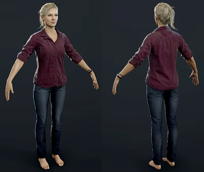 Woman In Burgundy Shirt And Blue Jeans Front And Back View 3d model