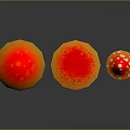 Three Colorful Vibrant Mushrooms with Orange Red Gradient Spotted Caps and Wooden Stems