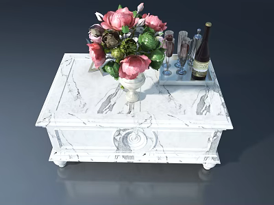 Landscape Sculpture Themed Marble Coffee Table With Pink Flowers And Wine Glasses 3d model