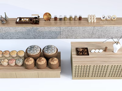 Wooden Display Shelves Showcasing Loaves of Bread Jars and Decorative Items 3d model