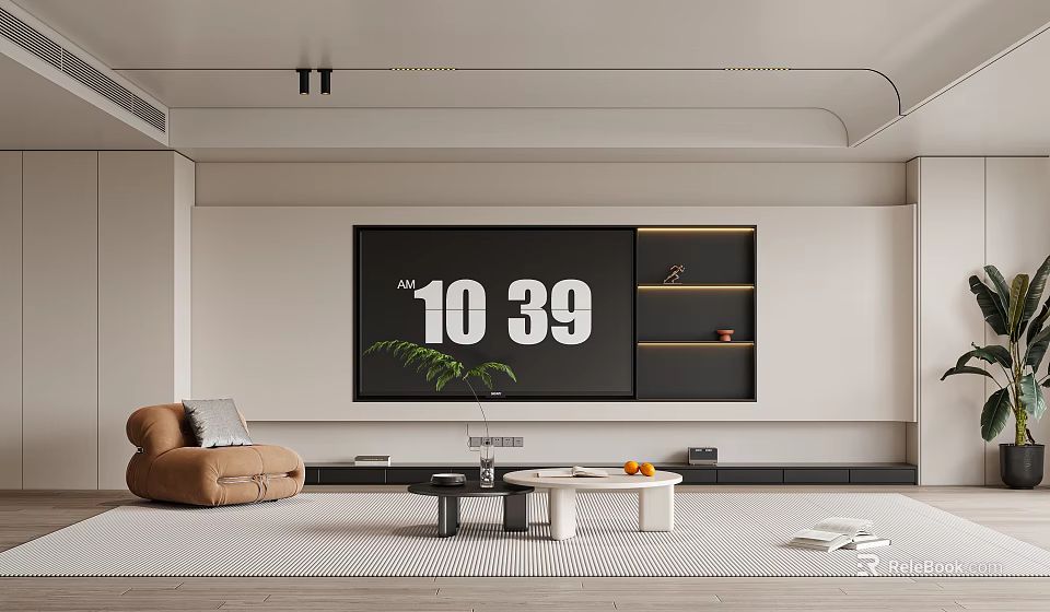 Modern TV Wall Design With Light Colored Panel Black Shelves And Decorations 3d model