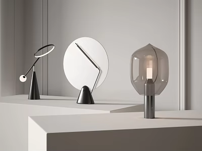 Modern Contemporary Table Lamps With Sleek Designs On White Display Stands In Minimalist Setting 3d model