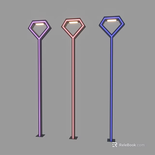 Modern Outdoor Lights With Slim Pole Diamond Shaped Head In Purple Red Blue Colors 3d model 