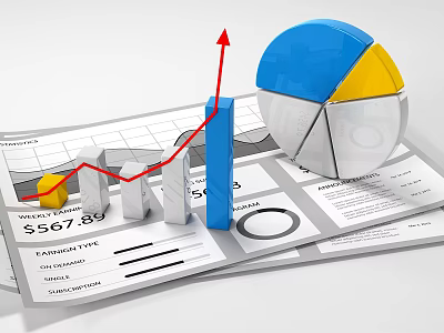 Financial Data Analysis With Growth Trend Bar Chart And Pie Graph 3d model