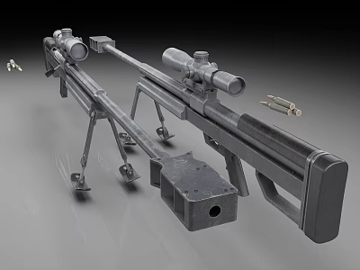 Tactical Sniper Rifle With Scope Magazine And Bullets On Gray Surface 3d model