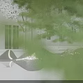 Wave Shaped Metal Landscape Seating in Plaza with White Buildings Trees and Street Lamps