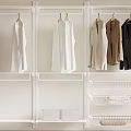 White Shelving Unit with Clothes Rail Various Colored Clothes Lower Shelves White Boxes Wire Baskets
