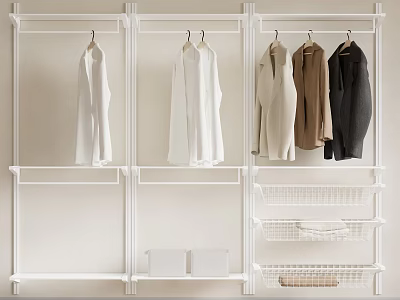 White Shelving Unit with Clothes Rail Various Colored Clothes Lower Shelves White Boxes Wire Baskets 3d model
