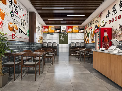 Modern Restaurant Interior With Tables Chairs Decorative Wall Art Potted Plant And Cashier Counter 3d model