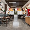 Modern Restaurant Interior With Tables Chairs Decorative Wall Art Potted Plant And Cashier Counter