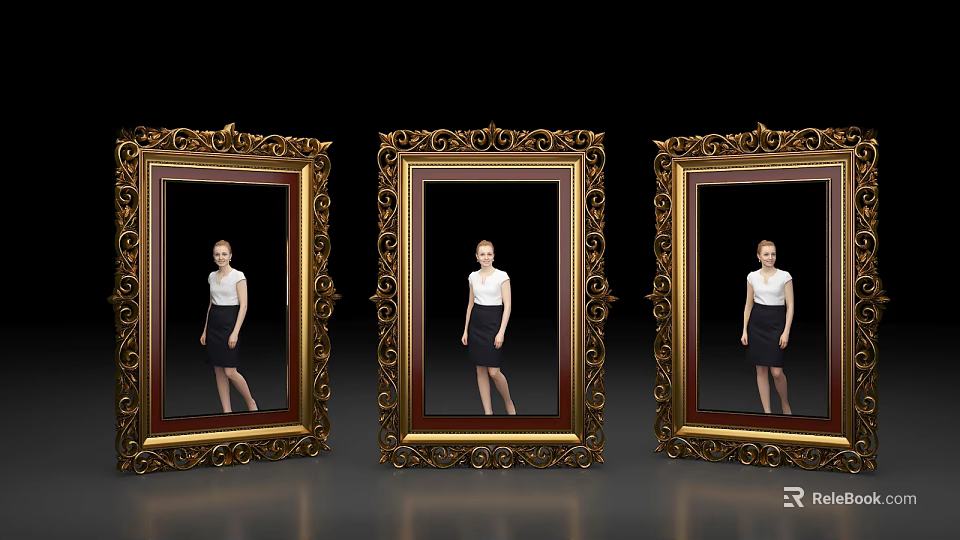Elegant Photo Check In Spot With Three Golden Carved Frames And Woman Reflections 3d model 