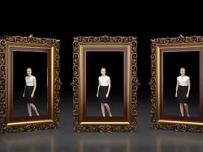 Elegant Photo Check In Spot With Three Golden Carved Frames And Woman Reflections 3d model