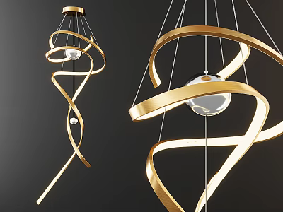 Modern Golden Spiral Design Chandelier with Transparent Sphere on Dark Background 3d model