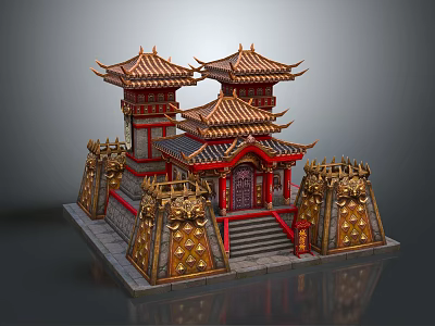 Cartoon Scene Featuring Chinese Traditional Architecture With Golden Red Towers Decorative Roofs And Steps 3d model