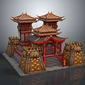 Cartoon Scene Featuring Chinese Traditional Architecture With Golden Red Towers Decorative Roofs And Steps