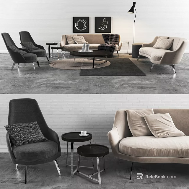 Modern Sofa Coffee Table Set with Beige Gray Upholstery and Accent Pillows 3d model