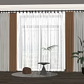 Elegant Brown And Beige Curtains For Large Window With Indoor Plant And Small Rug