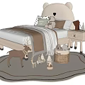 Cute Children's Bed with Bear Ear Headboard Teddy Bear and Wooden Nightstand on Decorative Rug